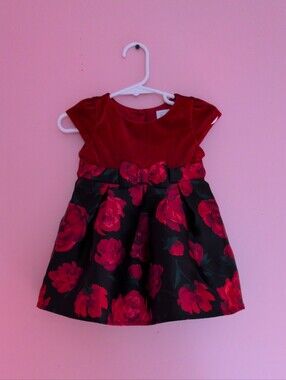 Children's Place Beautiful Red Roses Velour Detail Floral Baby Girl Dress